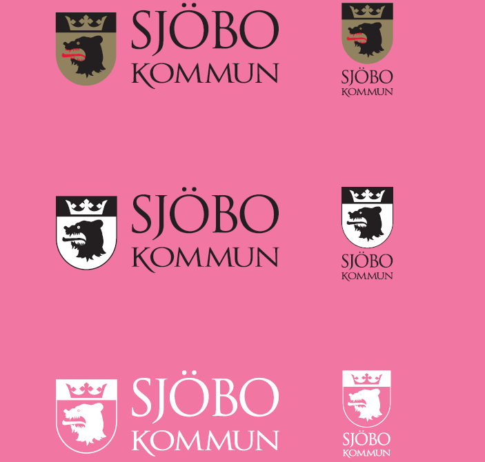Sjöbo kommuns olika logotyper på rosa botten