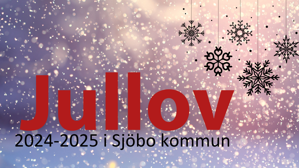 En snöig bakgrund med texten "Jullov" och några stiliserade julgranskulor