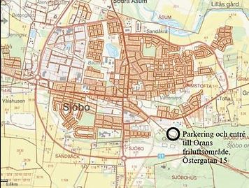 Karta över Sjöbo som visar entré och parkering till Orans friluftsområde