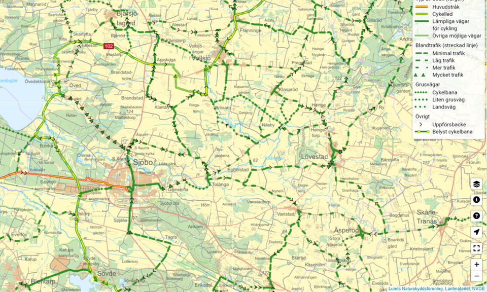 Cykelkarta över Skåne, med Sjöbos cykelleder och cykelbanor.