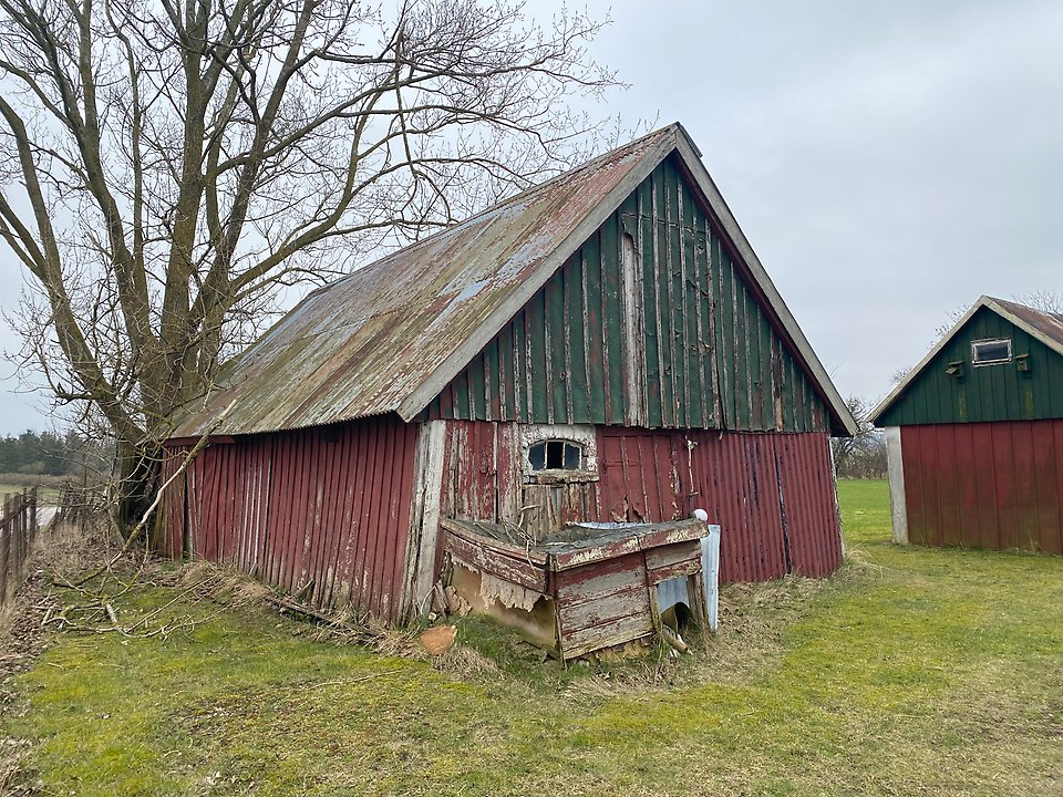 Liten, sliten stallbyggnad med röd och grön flagnad panel.